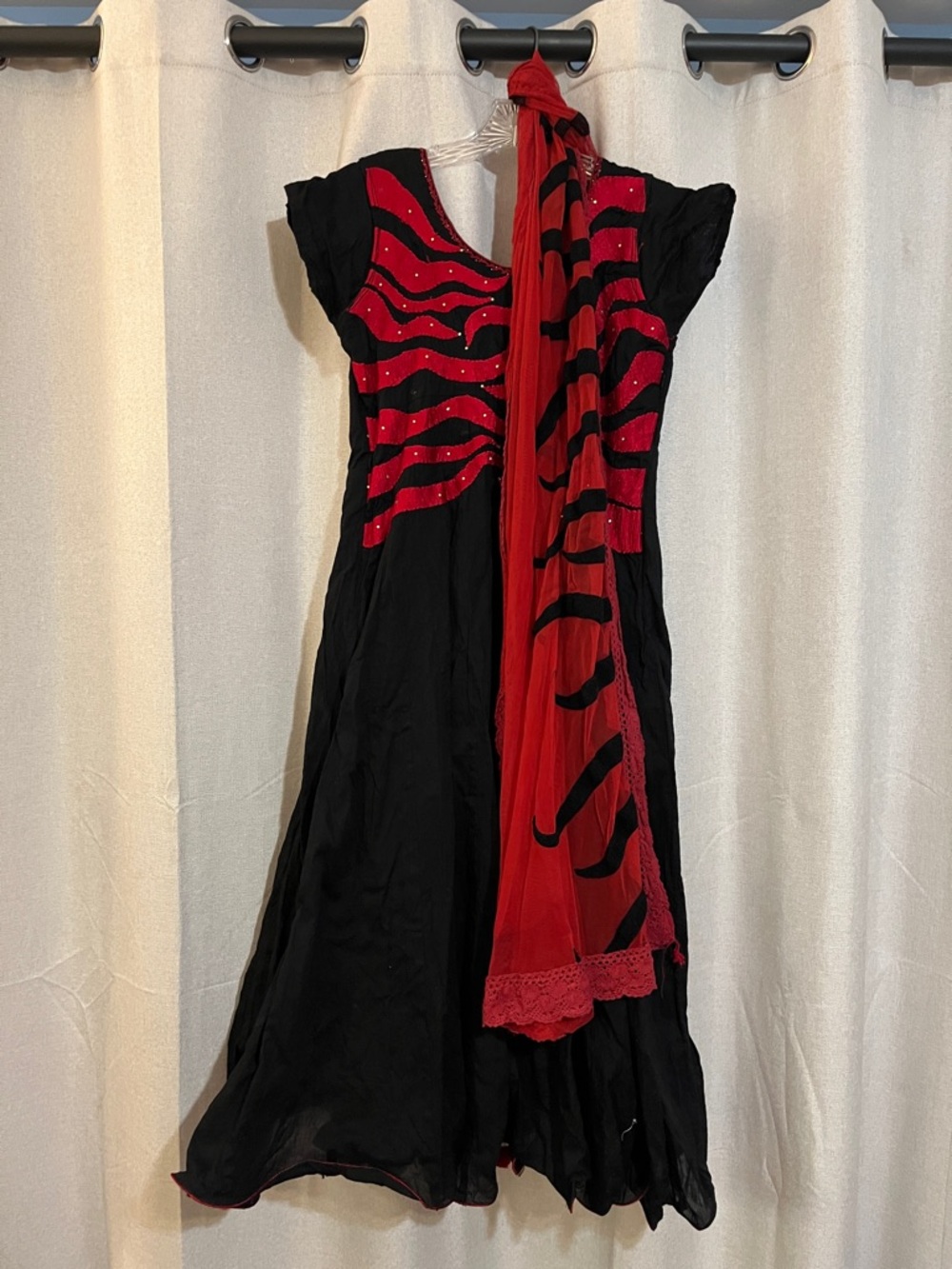 Black & Red Rhinestone Maxi Dress with Scarf